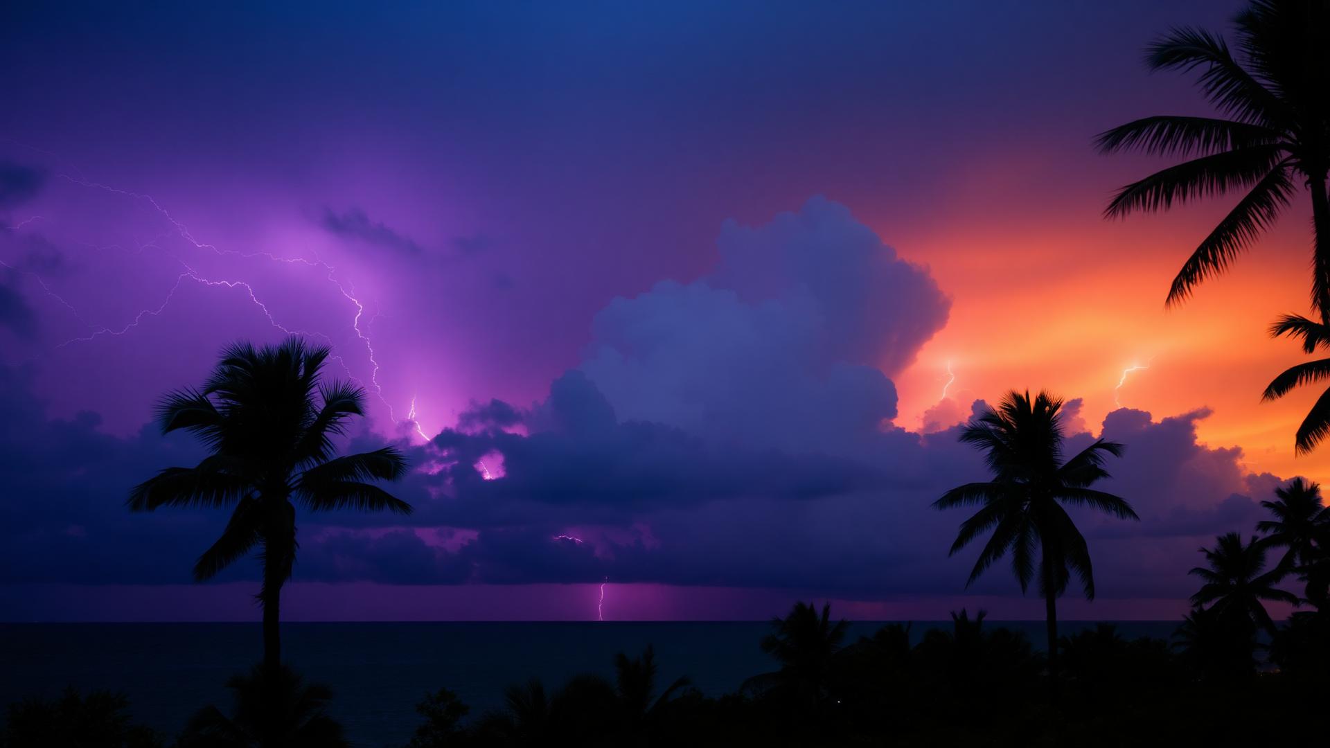 Stormy Tampa Bay coastline at dusk with palm trees and lightning